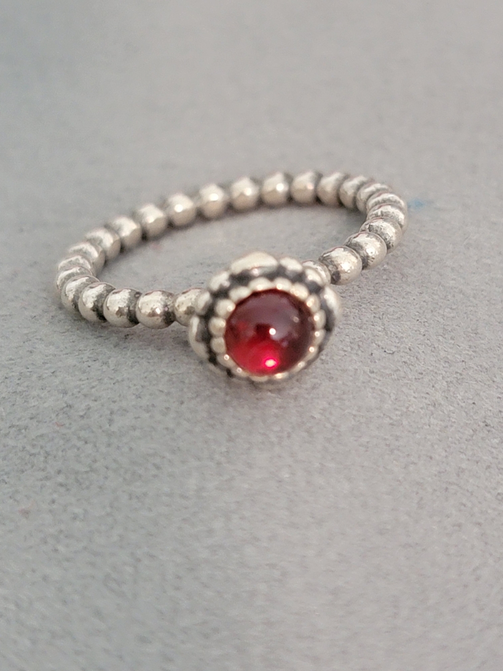 Pandora Silver Beaded Ring with Red Garnet Stone January Birthday Blooms